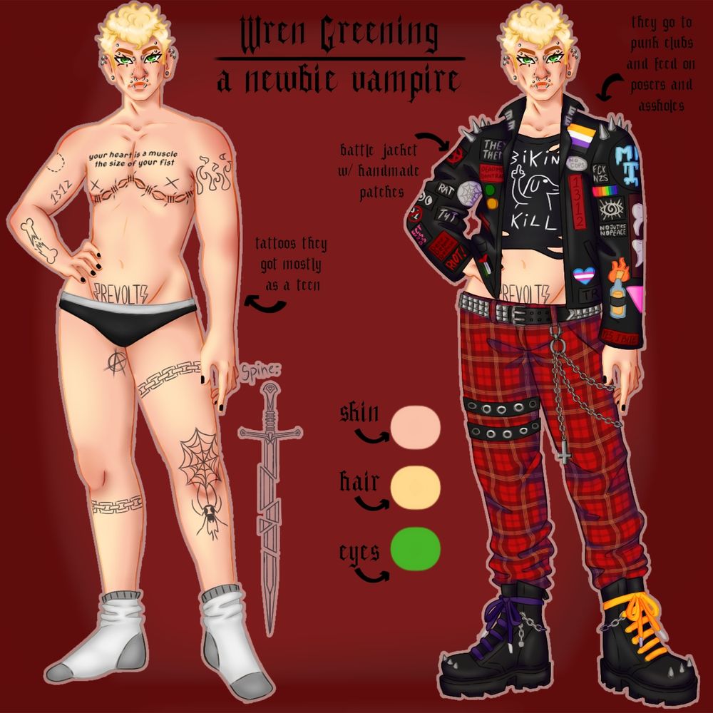 Vampire character, left side is then in just underwear to show off tattoos, right is them in a patched up battle jacket, Bikini Kill crop top, red plaid tripp pants, and doc martens.