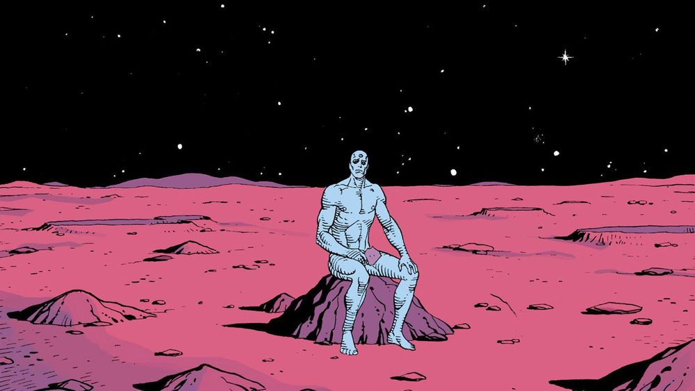 Doctor Manhattan from Watchmen sitting alone on the moon