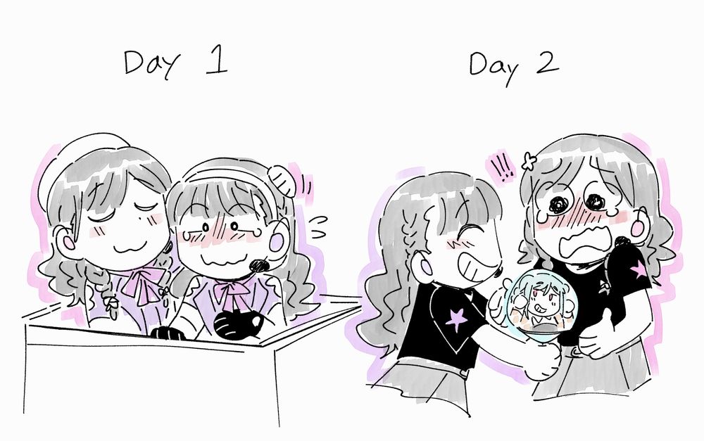 Chibis of Yuina and Emori Aya labeled Day 1 (left) and Day 2 (right) from Liella 6th Live in Osaka. 
Day 1 has Yuina with a wobbly smile and teary eyes, in a cart with Emori during the song "11th moon". Emori is patting her on the head comfortingly.
Day 2 has Yuina grinning and handing over a fan with Tomari Onitsuka on it to Emori at the end of the double encore. Emori is crying with exaggerated large eyes.