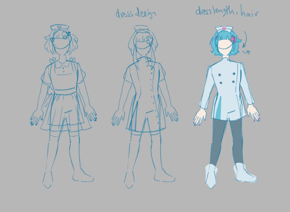 Several variations of a rough character design. The character has a short bob and wears a nurse's uniform. Their color scheme is primarily pink, blue, and white.
