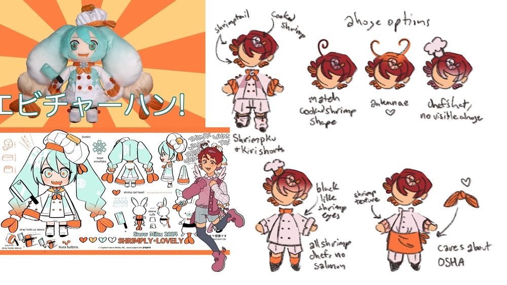 Ideation sketches combining the popular Shrimp Miku design with Kiri