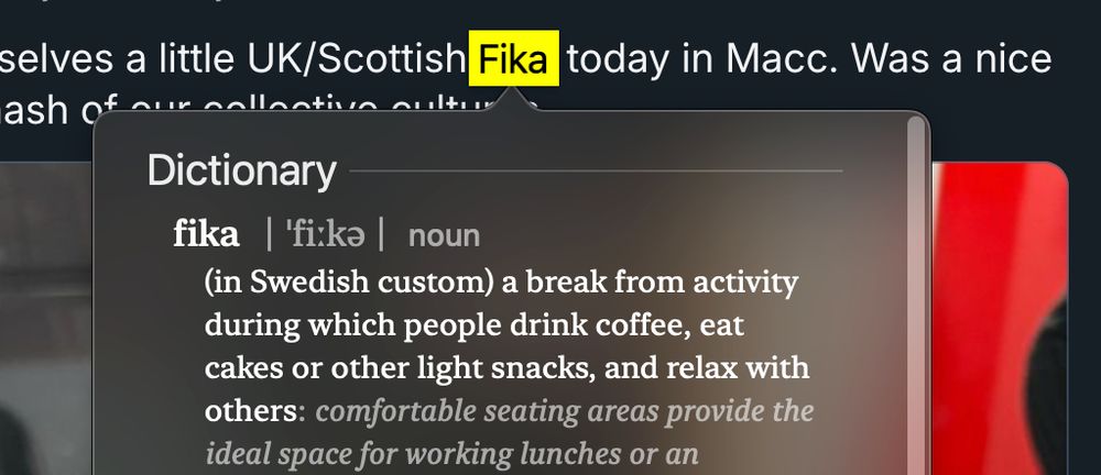 Fika is highlighted with a dictionary definition:
(in Swedish custom) a break from activity during which people drink coffee, eat cakes or other light snack, and relax with others.