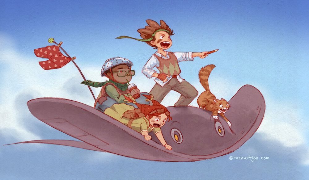 Three children and a very nervous cat ride a mechanical stingray as they... uh... flee from responsibilities and head off on an adventure. The first child points a pencil forward menacingly, with a tie tied around his head. The second child calmly drinks a smoothie, his head protected by a colander. The third looks down at the view below in excitement.