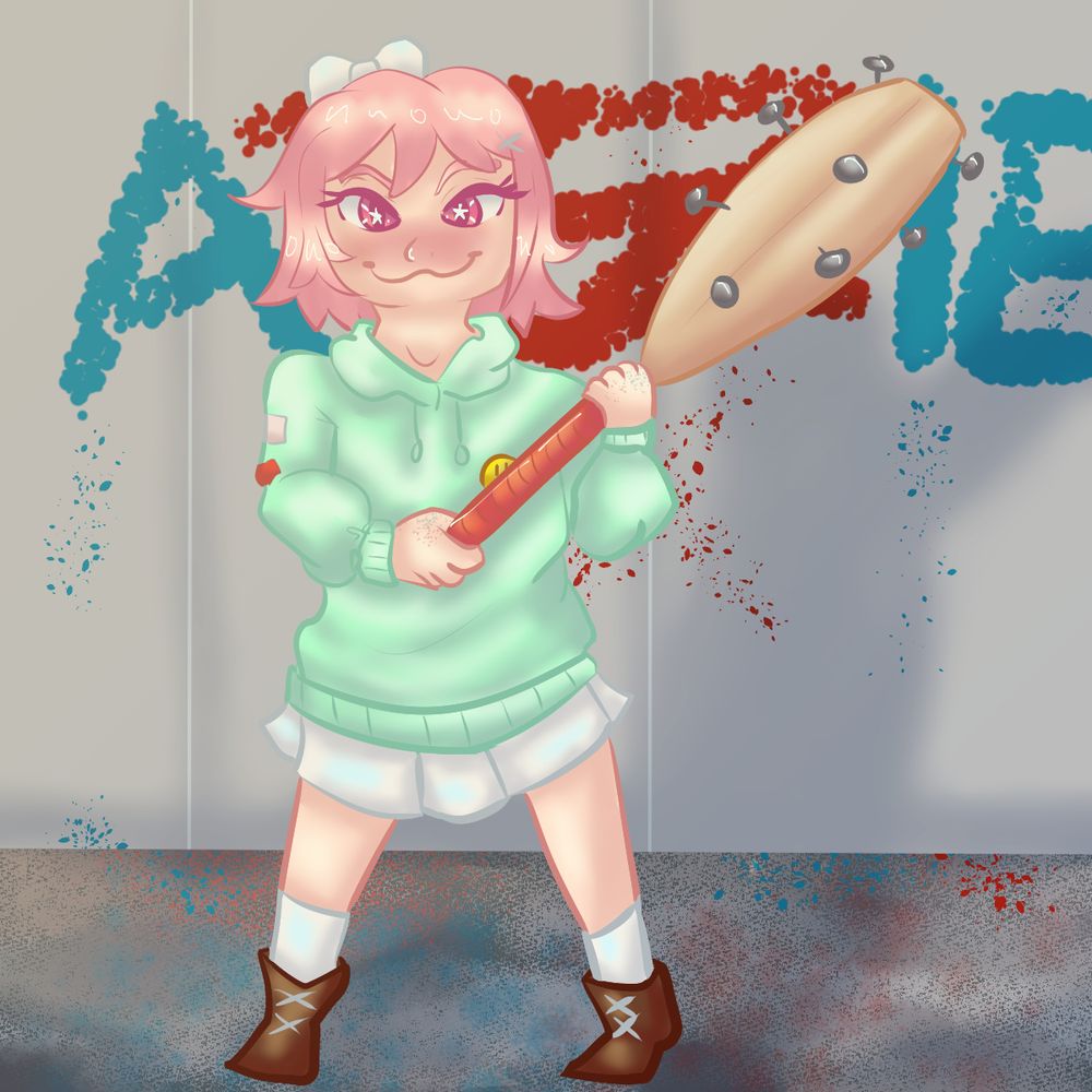 A fullbody, chibi style digital drawing of a girl. She's got chin length, light pink hair and a white bow in her hair. Her eyes are a darker pink and her eyebrows are arched downward. She's making a :3 face and has a mischievous expression. She's wearing an oversized light green hoodie and a white skirt underneath. She's wearing white socks and brown boots. In her hands, she's holding a bat with nails in them and her pose suggests she's preparing to hit someone with it. The background is an asphalt floor and a cement wall behind the character. On the wall, in blue and red spraypaint, is the name Azzie. You can see droplets of the spray paint scattered on the wall, the asphalt, and a little on the character's hands.
