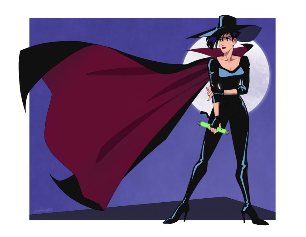 a color illustration of Cybersix, standing against the light of the moon.