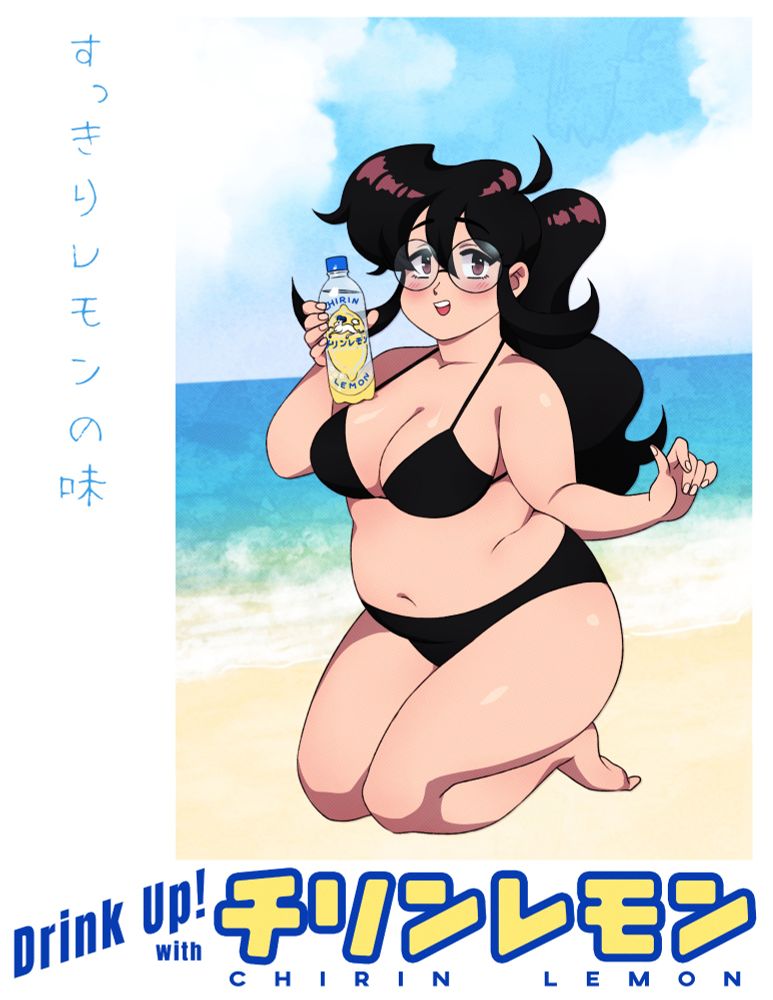 a fake ad for "Chirin Lemon" 
featuring my oc Junko holding a bottle, posing against a beach backdrop and wearing a black bikini