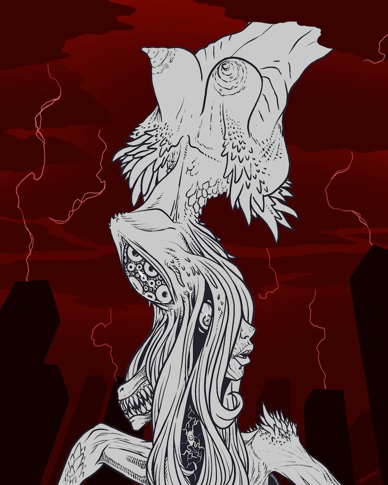 The sky turned a heavy crimson, thick clouds amassing and swirling above. The entire world seems to be choked in red, as the vast towers of the city are blackened out and seem to fade into the thick bloody red of it all.

Lightning arcs across the sky, crackling and falling again and again. The air roaring with the sound of thunder until the sky seems to part, and it begins to descend.

Shiftting, writhing, formless yet a myriad of forms... Gasping mouths, gnashing teeth, spikes, hair, feathers, limbs, flowing forward like a fluid, but thick and alive.

And the eyes... Endless and many, and all watching. Never blinking...

There is no hiding.

Nowhere to run.

The end has come, and it sees all.