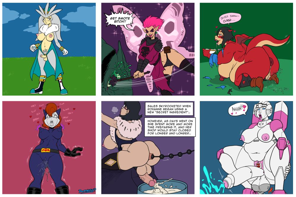 - Silver (Sonic the Hedgehog) gets Super Crown-ed, and is left wondering if there is any use in resisting the urge to play with his dick.
- This punk Pixie paladin shows that small things can still cause massive cranial trauma!
- Mina (Battle Chef Brigade) might have had a bit too much of that rich soup... Should overeating cause you to gain weight in seconds so your clothes burst? Or turn you into a dragon? Or give you a squirt-like-a-fountain orgasm?
- Sally Acorn (Sonic the Hedgehog) is succumbing to the brainwashing power of the Zofa (Dinaranger) mask!
- Roxanne (Potionomics) knows that the best potions require fresh ingredients, so she'll happily spend hours collecting straight from the source. It makes her feel good to be such a professional... Really REALLY good.
- Arcee (Transformers) finds herself reformatted into a chubby bot with a giant cock that begs, no - demands she never stop pleasing herself and cumming rivers of hot blue spunk.
