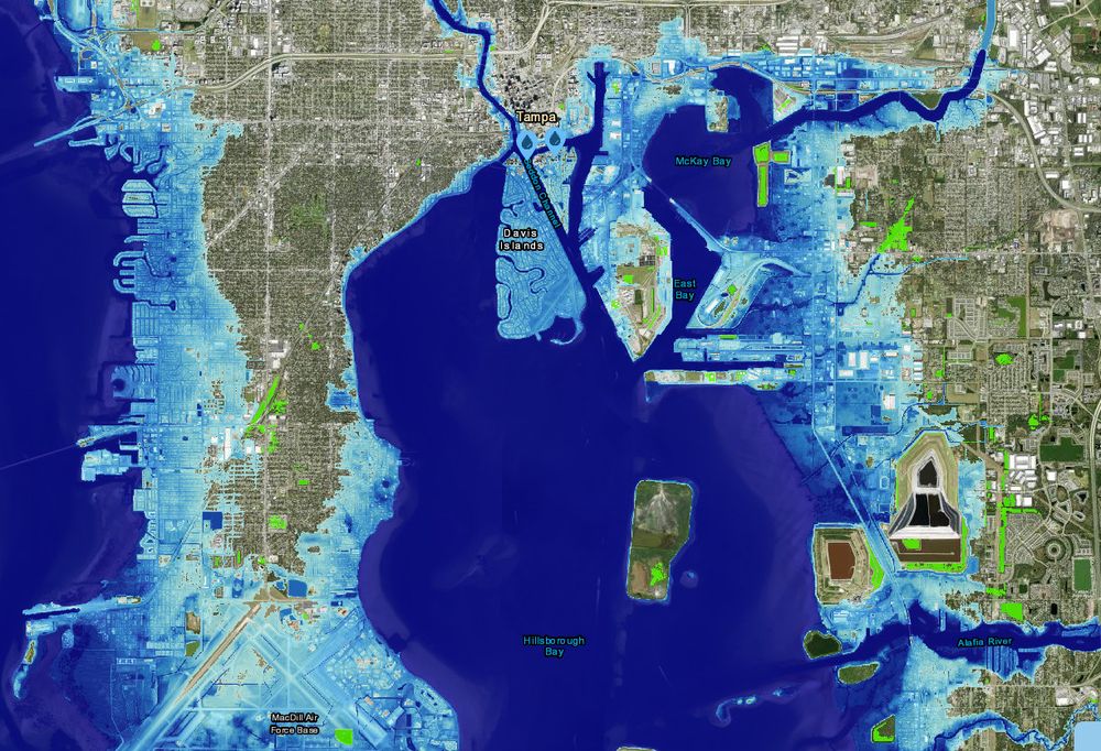 A ring of flooded neighborhoods around Hilsborough Bay, with significant flooding on the east edge of Old Tampa Bay