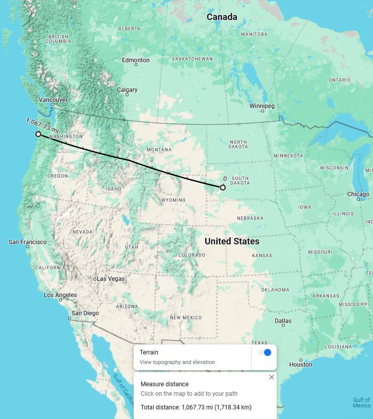 1068 miles from the Pacific Ocean