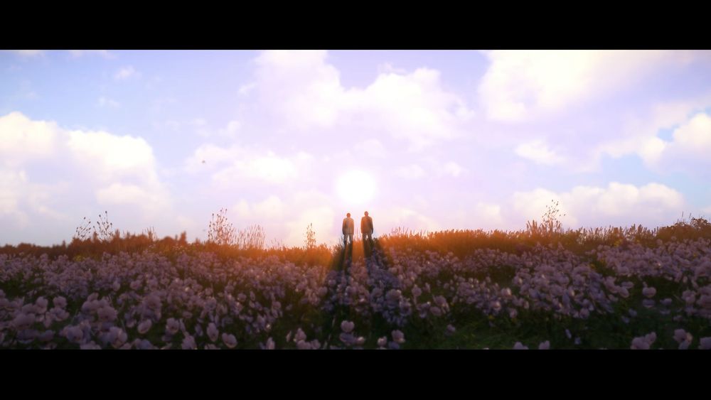 heinrich und godwin vor dem sonnenaufgang auf einer blumenwiese
