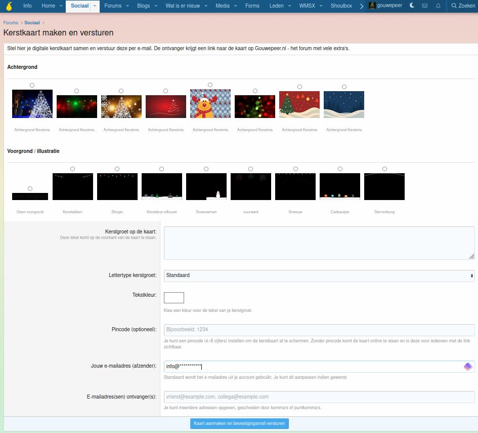 Via dit formulier kan een achtergrond en een voorgrond worden geselecteerd, een kerstgroet worden ingevuld, een keuze voor lettertype en kleur worden geselecteerd, en het e-mailadres van de ontvanger. Ter beveiliging kan er een pincode bij worden aangemaakt welke de ontvanger via de mail krijgt.