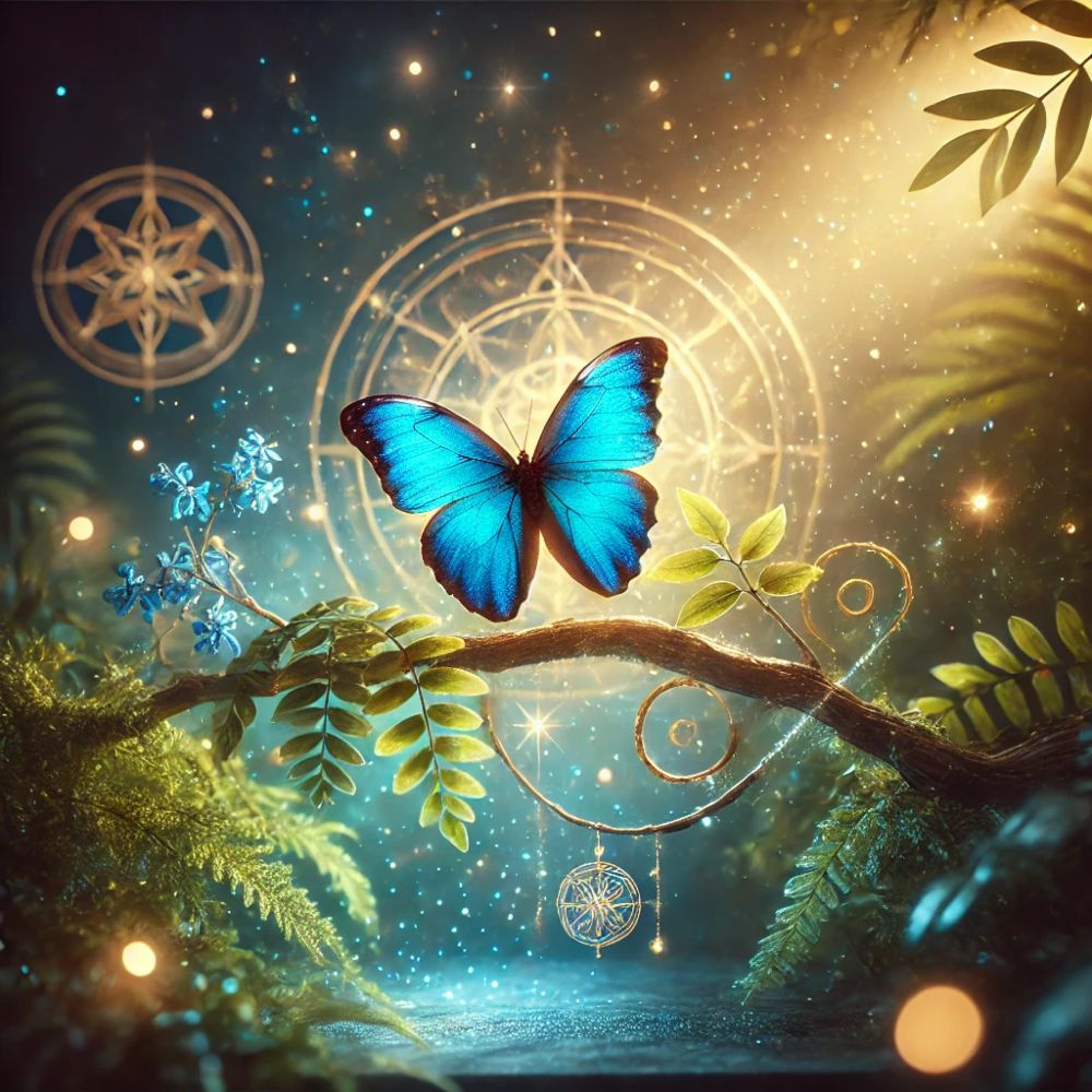 A blue monarch butterfly in a ray of sunlight over a small creek in a jungle with celestial background and sigils.