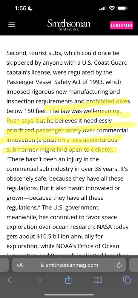 Interview where the CEO of missing sub says the law is too focused on safety and not focused enough on permitting commercial exploration. 
