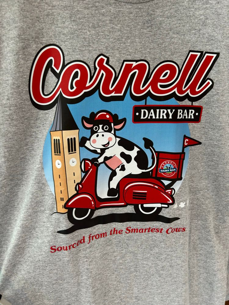 Gray T shirt that says “Cornell dairy bay. Sourced from the smartest cows” and features a cow on a scooter with a mini freezer on the back and the clock tower in the background. 