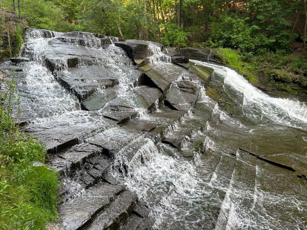 Waterfall in Cascadilla Gorge. The water cascades over levels of exposed shale. 