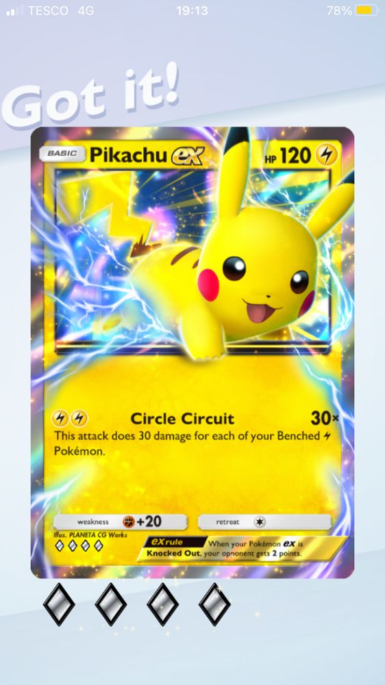 picture of a pikachu ex card from the pokemon tcg app, obtained through wonder-picking