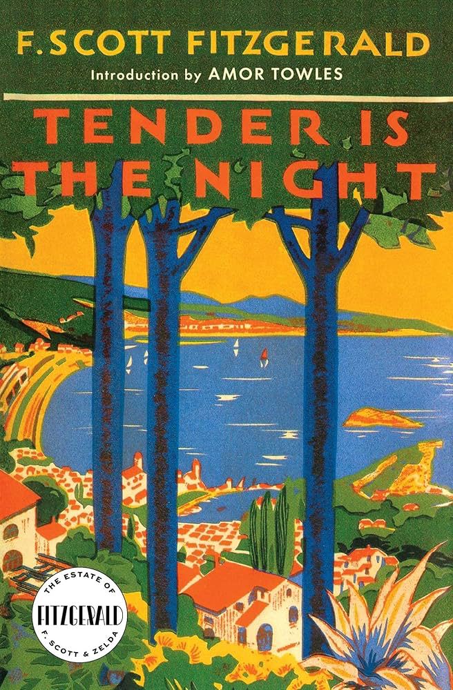 The novel TENDER IS THE NIGHT by F. Scott Fitzgerald. Shows an illustration of the French Riviera.
