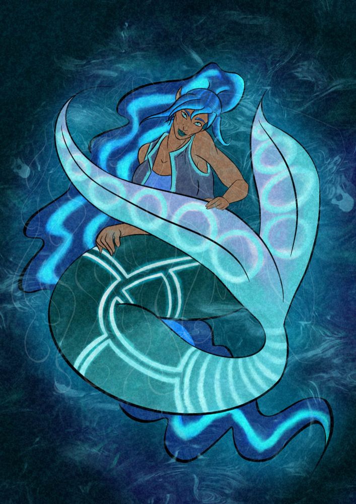 Tan skinned, blue eyed mermaid with glowing blue hair and a teal fin that has glowing lines embedded