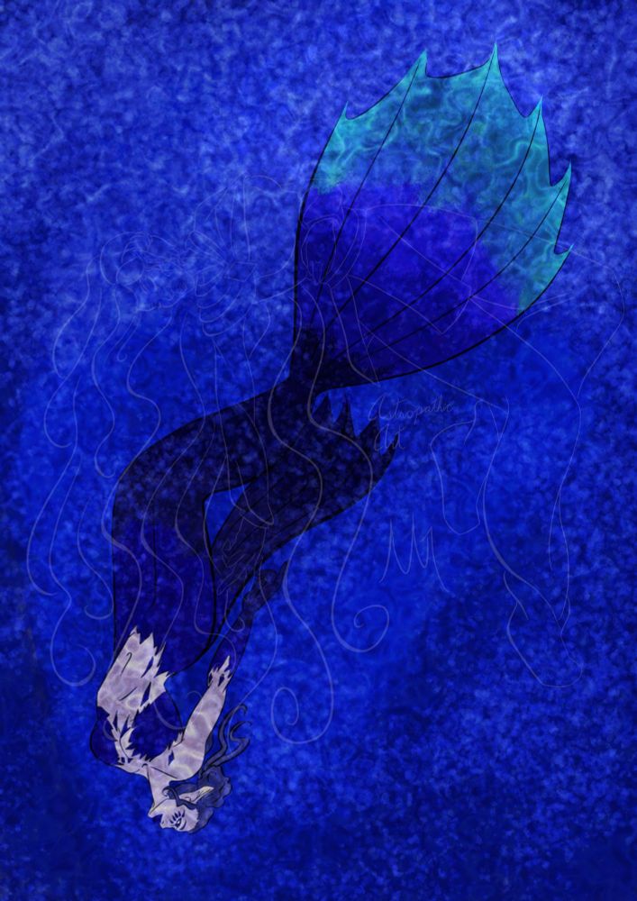 A pale mermaid with dark blue hair, and a tail and scales that resemble raven feathers appears to drift downward