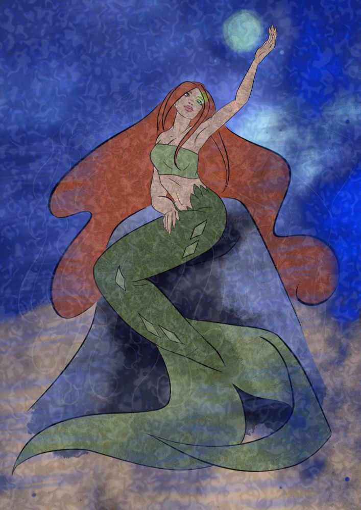 Pale, red-headed mermaid with a sage green tail and top is seated on a stone reaches for a bubble of water glowing the same bright green as her left eye, which also appears to glow.