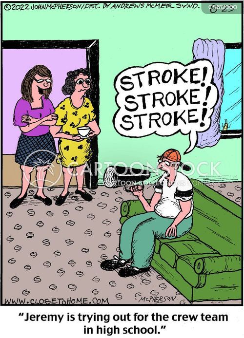 Cartoon about a kid shouting stroke into a megaphone in the context of rowing team