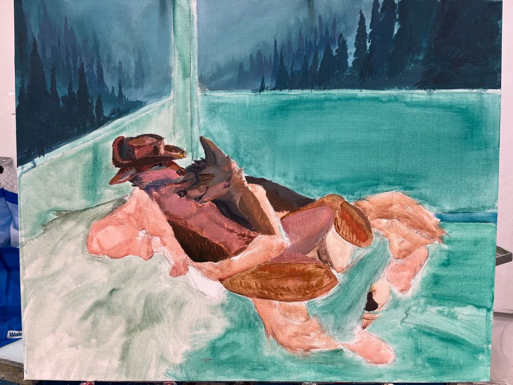 Half painted canvas of two gay ass coyotes laying together naked in a barn