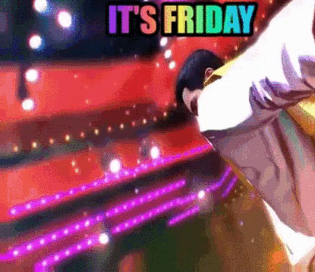 a cartoon of a man dancing with the words it 's friday