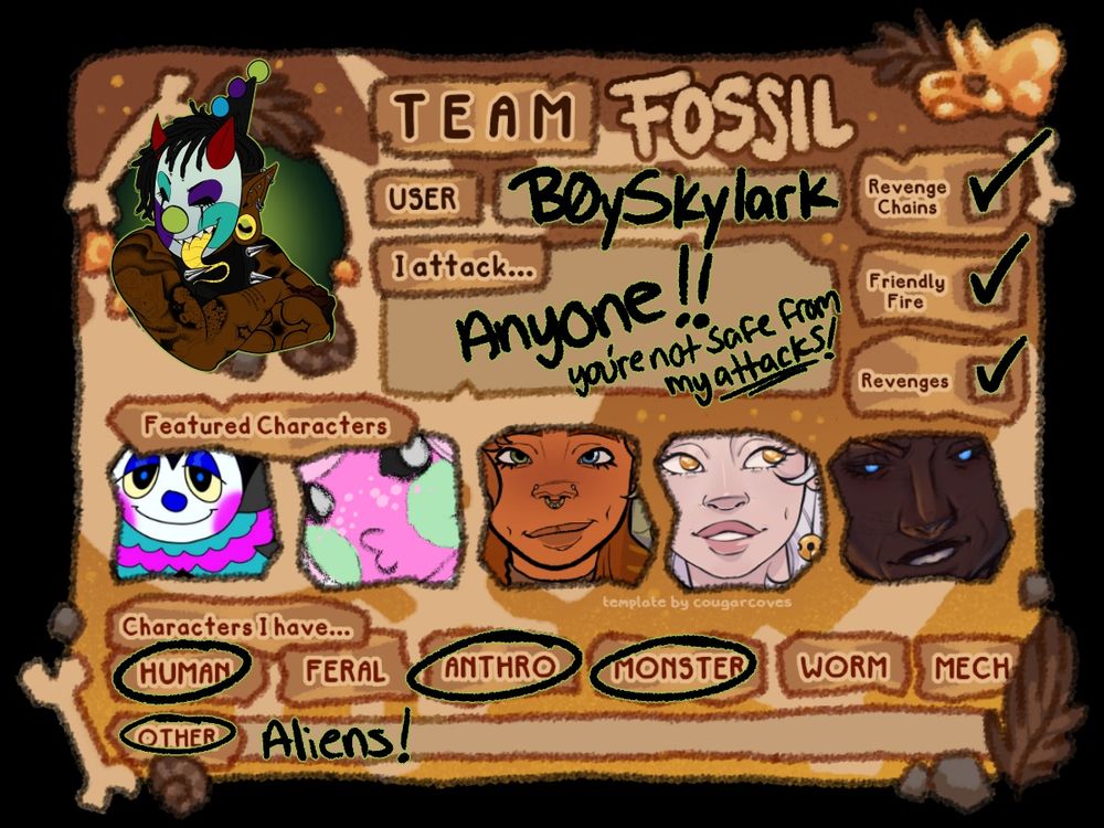 A card for artfights team fossil by cougarcoves that has information for the artist B0ySkylark on it!