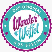 Logo der Firma Wonderwaffel. 
Es steht drauf „Das Original aus Berlin“. Das Logo ist rund und Türkis und dunkelrosa