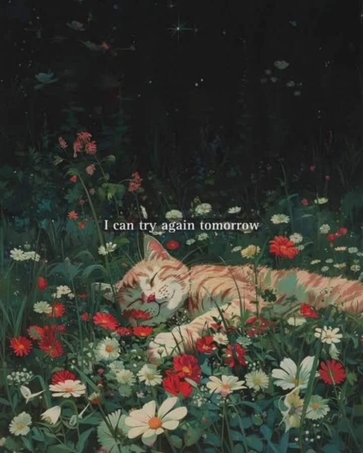 A ginger cat sleeping in a field of flowers with the text "I can try again tomorrow" 