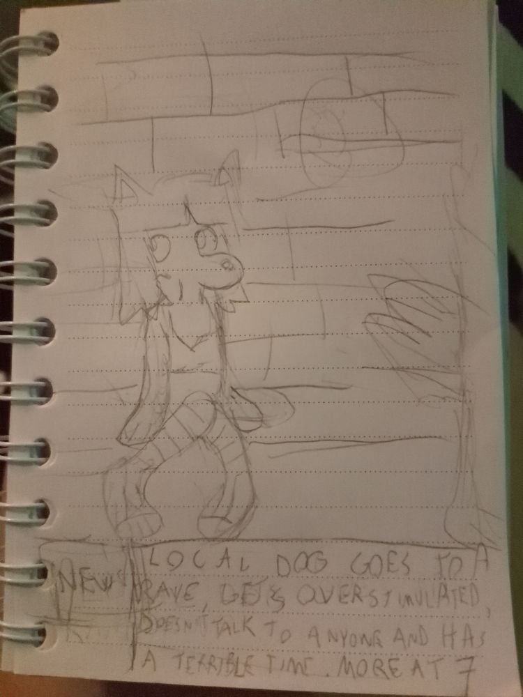 drawing of a dog girl named Juno. she is sitting alone on a bench by a brick wall, wearing converse, striped stockings and a bra. text below her formatted like a news ticker says "local dog goes to rave, gets overstimulated, doesn't talk to Antone and has a terrible time. more at 7"