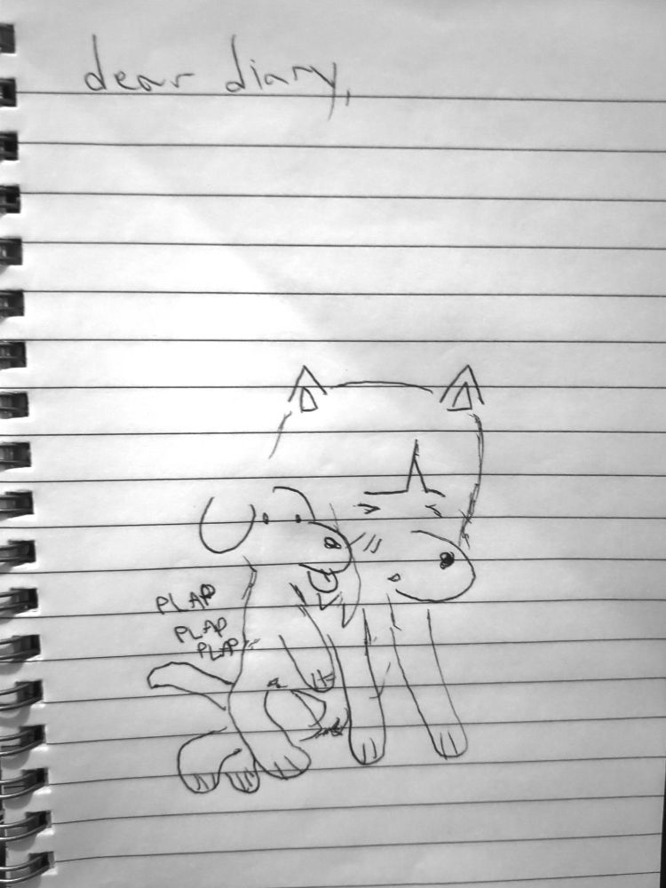 drawing on a notebook of a dog girl named Juno. the top left corner of the page has the text "dear diary," written. below it is a drawing of Juno getting railed by a dog. the dog seems aloof to the situation, its expression blank and tongue sticking out