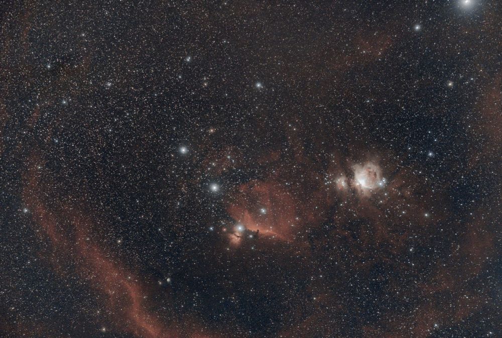 The Orion region with the Orion nebula, the Horse Head, the Flame and a part of the Barnard's loop.