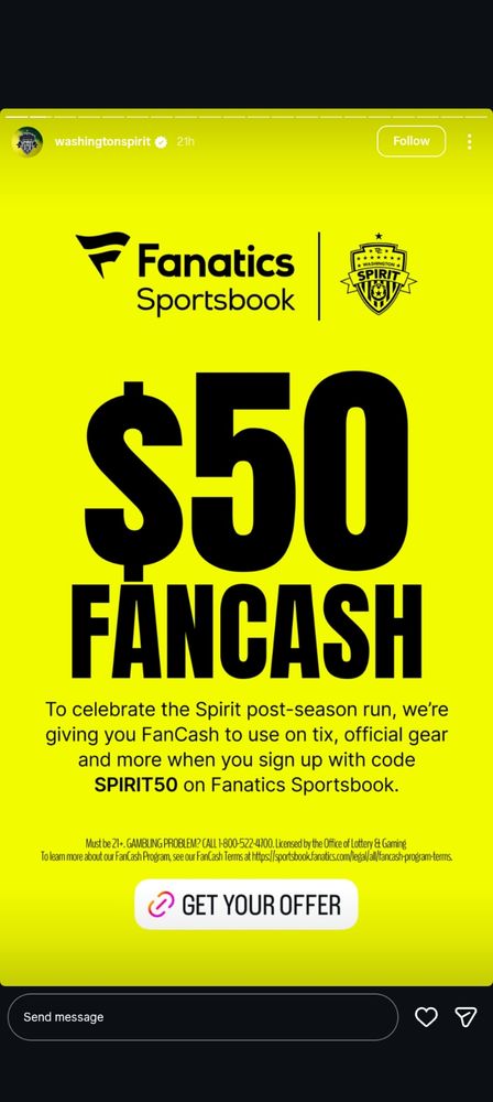 Screenshot of an Instagram story from the official Washington Spirit account. They partnered with Fanatics to offer a $50 coupon code to fans who sign up for Fanatics Sportsbook. 