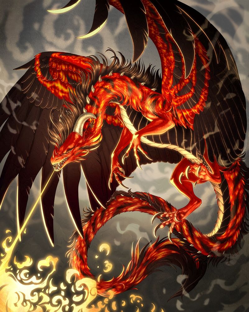 A drawing of a red and black dragon blasting fire into the lower left corner, its body illuminated by the flames!