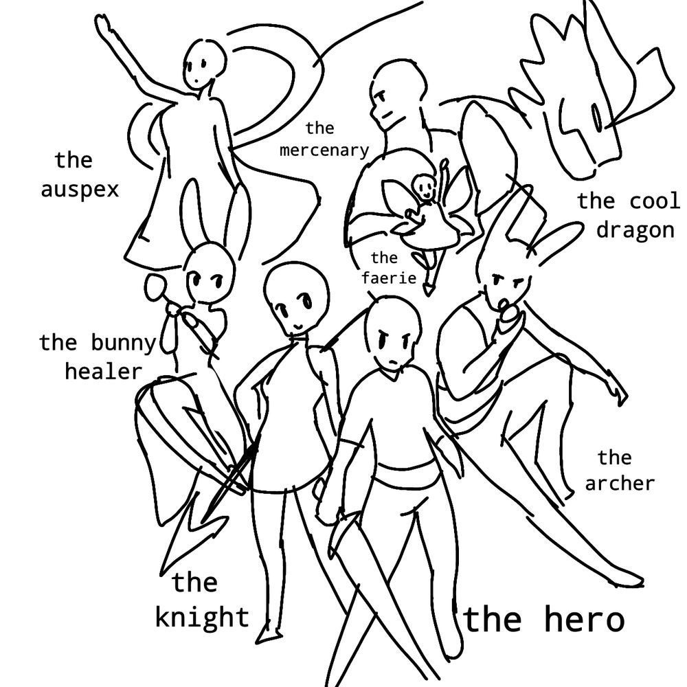 A low-effort and nondescript trace-over of the Dragalia Lost title screen (for a trend on Twitter), with figures labeled as the hero, the knight, the bunny healer, the auspex, the mercenary, the faerie, the archer, and the cool dragon