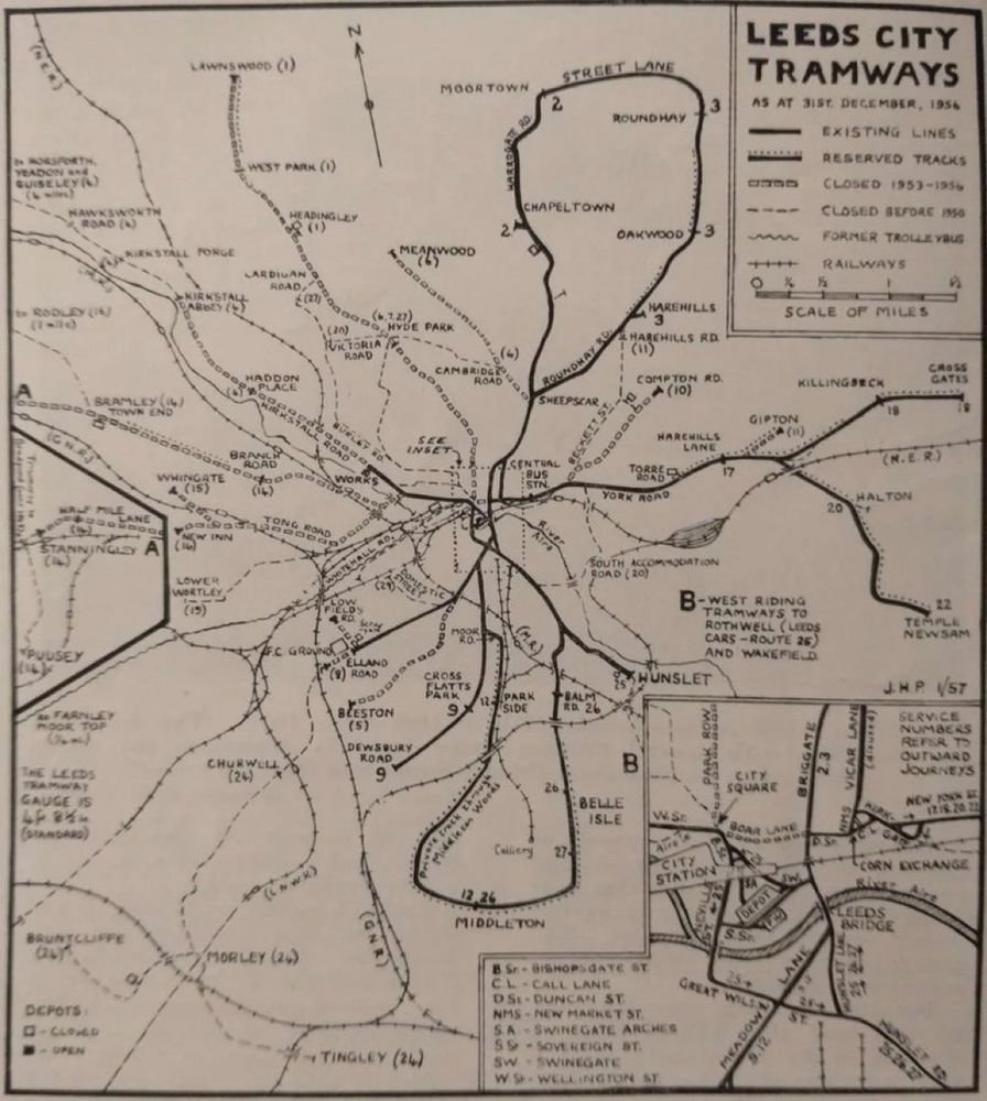 Full extent of Leeds old town tram network which peaked in the 1920s was all closed by 1958.
