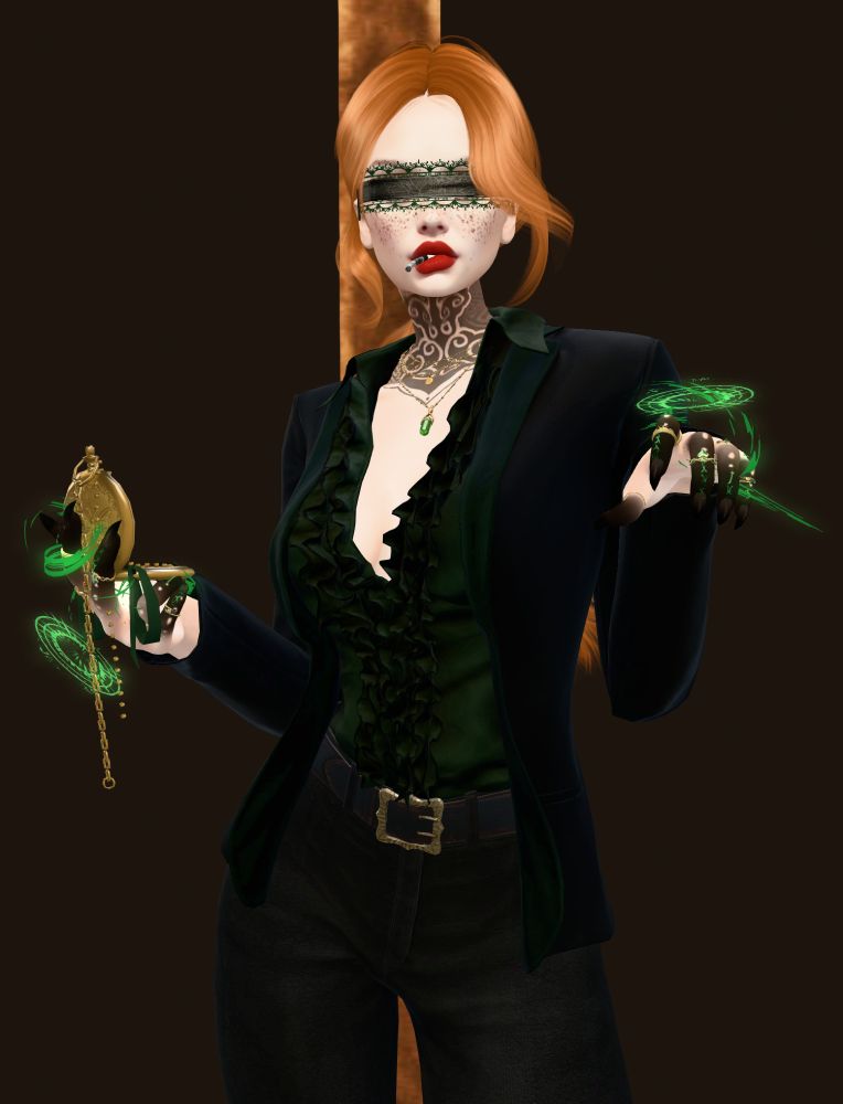 A human in secondlife, they have ginger hair, freckles, a blindfold covering blood red eyes. There is magic swirling around their hands and they're holding a pocket watch.