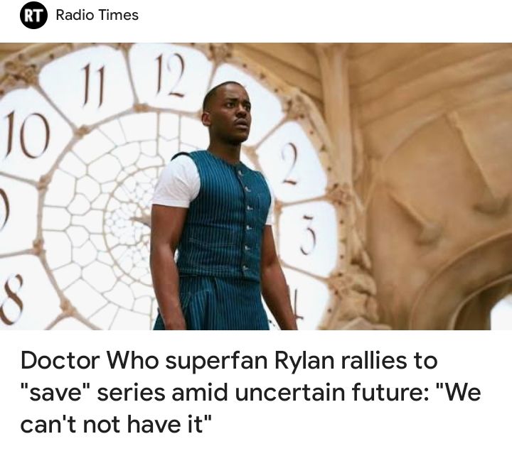 Promo picture for a Radio Times article which includes text referring to Rylan as a Doctor Who superfan. (I bet he doesn't know the lyrics to Doctor in Distress)