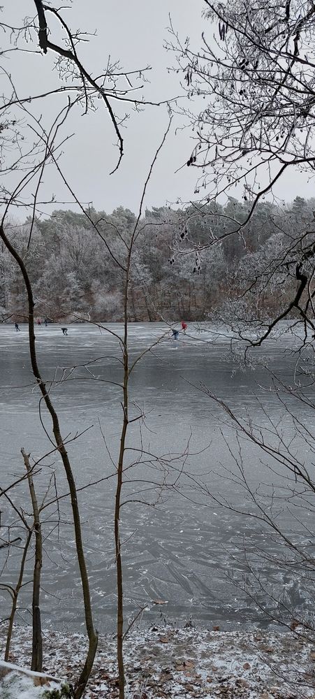 Blick durch ein paar blattlose Äste auf einen zugefrorenen See. Ganz klein sind Personen auf dem Eis zu erkennen, die Schlittschuhe tragen, zwei von ihnen haben Eishockeyschläger in der Hand. Am gegenüberliegenden Ufer von Rauhreif bedeckte Bäume.