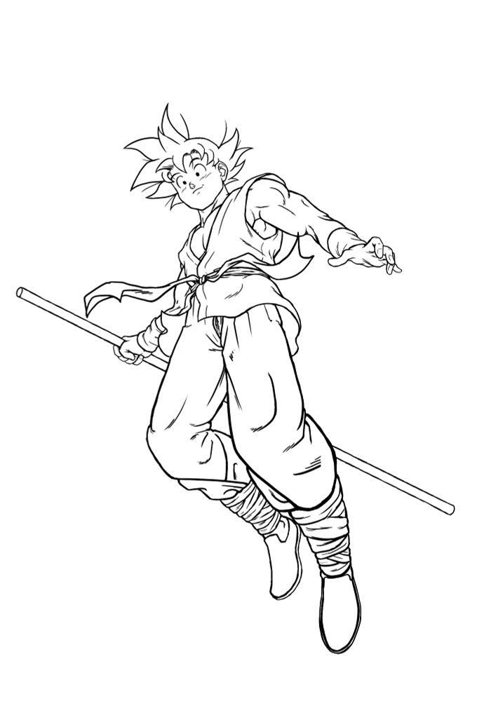 desenho em preto e branco do Goku, um personagem de anime com cabelos espetados, usando um kimono de kung fu, segurando um bastão em sua mão direita enquanto levita pelo ar
