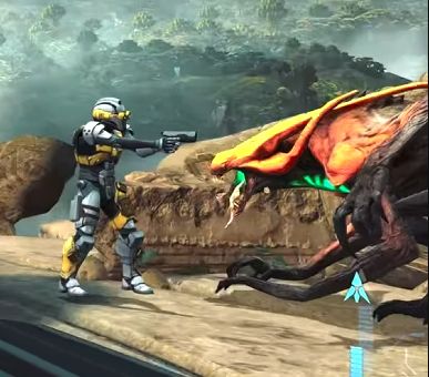 a beast with a radioactive green maw and yellow-tendriled head face to face with goofshit miles mackenzie, federation trooper, pointing his dinky ass pistol directly at the creature but not firing, useless worm he is. Moments before this, a second creature was whaling on Miles