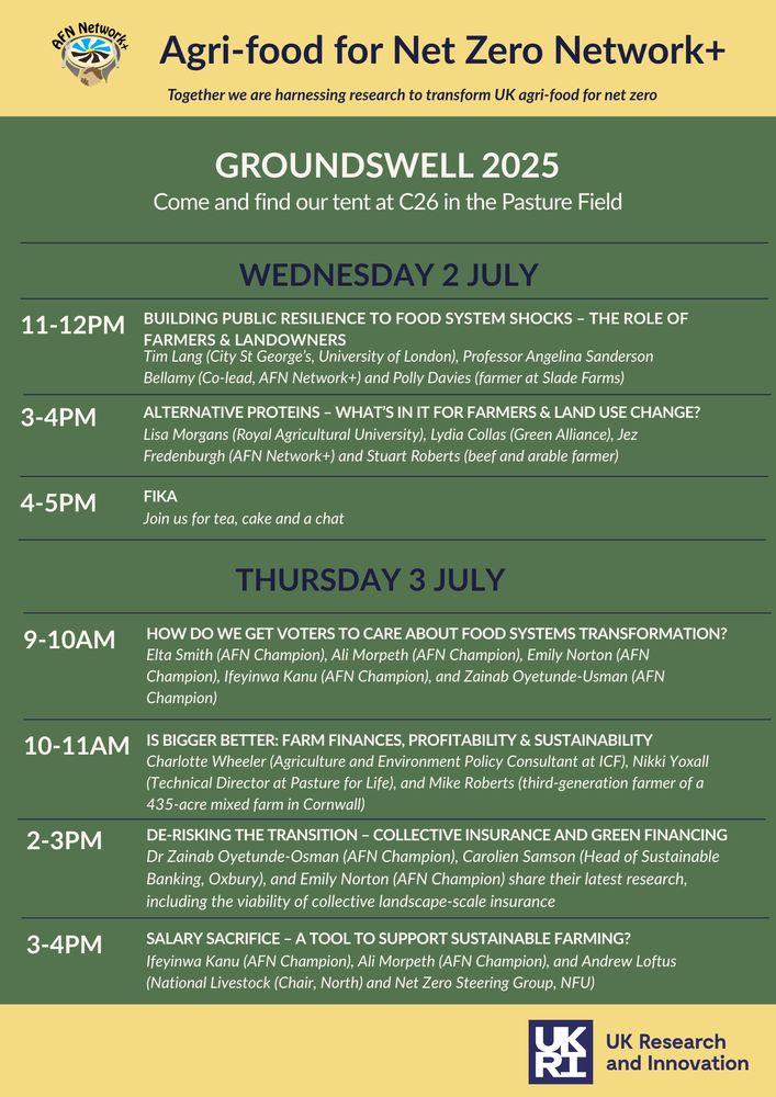 This image shows the session timetable for the AFN at Groundswell - you can view the full details of this on our website here: www.agrifood4netzero.net/events/groundswell/