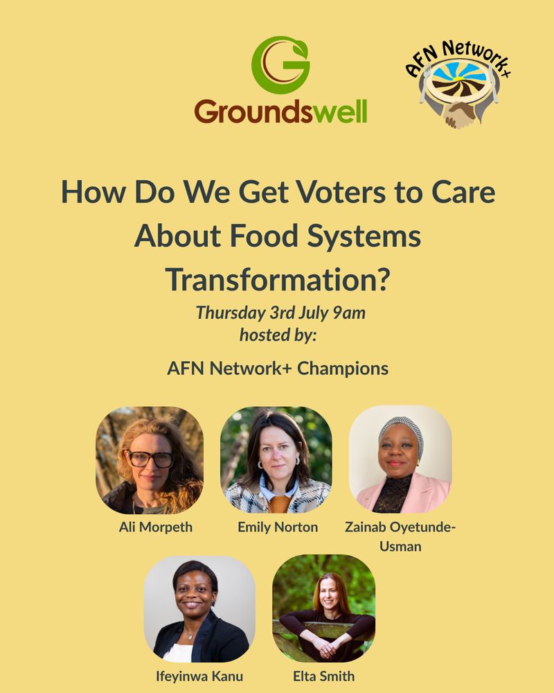 How do we get voters to care about food system transformation? Thursday 3rd July 9am hosted by : AFN Network Champions Ali Morpeth, Emily Norton, Zainab Oyetunde-Usman, Ifeyinwa Kanu, Elta Smith