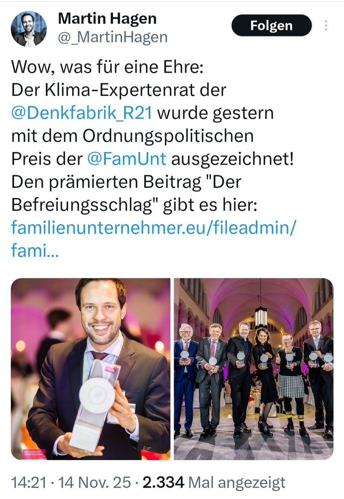 Tweet von Martin Hagen. Der Klima-Expertenrat der Denkfabrik R21  jat den Ordnungspolitischen Preis  von die Familienunternehmer e.V. gewonnen.
