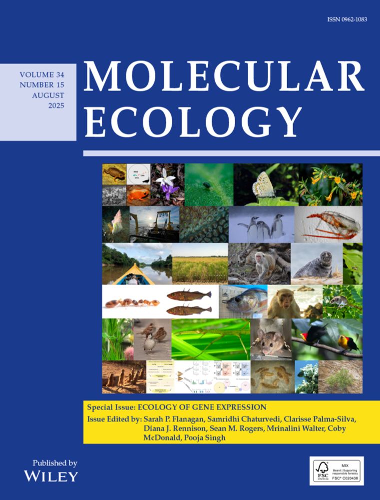 Special Issue Cover of the journal Molecular Ecology. the cover photo is a collage of various organisms and figures from the issue. The special issue it titled: Ecology of Gene Expression