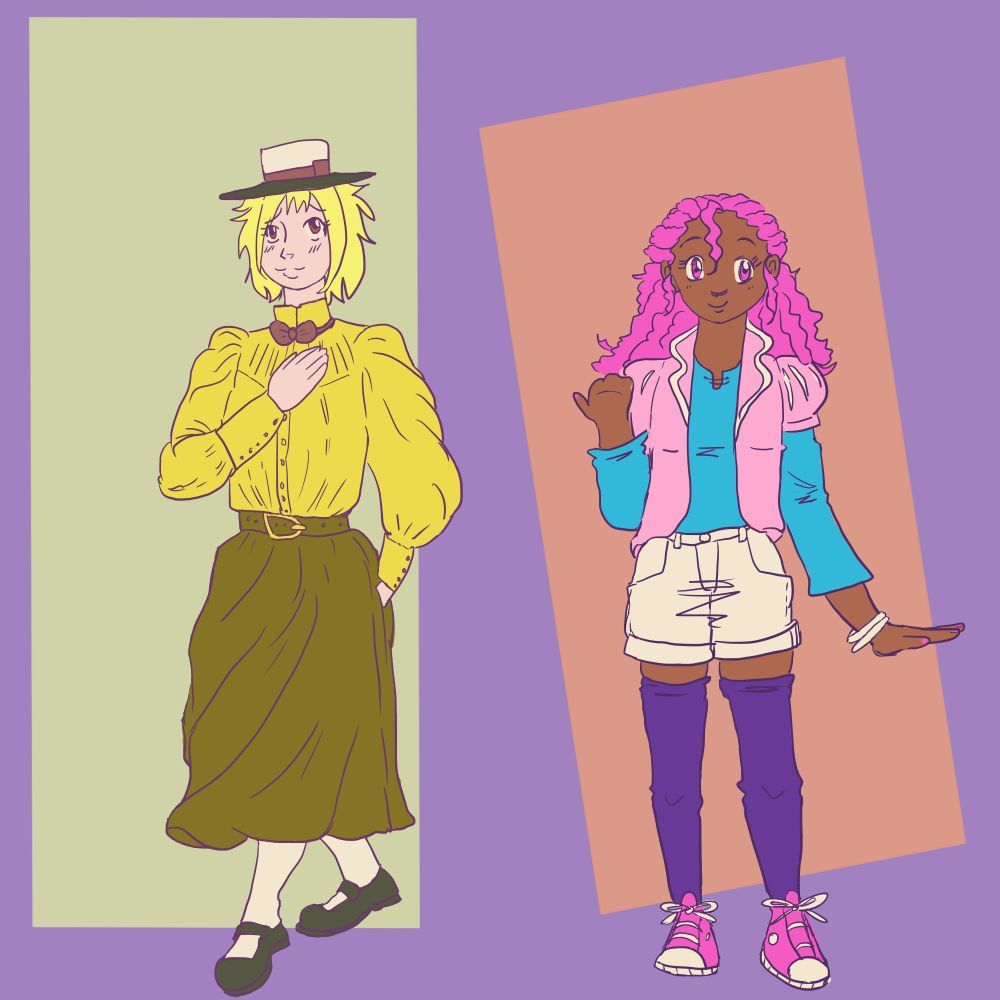A digital illustration featuring two of my original characters. 

On the left is my Ikemen Vampire OC Abby, a light skinned woman with short blonde hair, dressed in an 1890s blouse and skirt, the blouse yellow while the skirt is brown. She's also wearing a small hat with a red ribbon and a black brim. She's also sporting black Mary Jane shoes and a red bow tie.

On the right is my Obey Me Miri, a dark skinned woman with long, curly pink hair, wearing a 3/4 sleeve blue shirt with a pink collared jacket that has short, round, puffed sleeves. She's also wearing white shorts with purple thigh high socks with pink and white converse shoes.