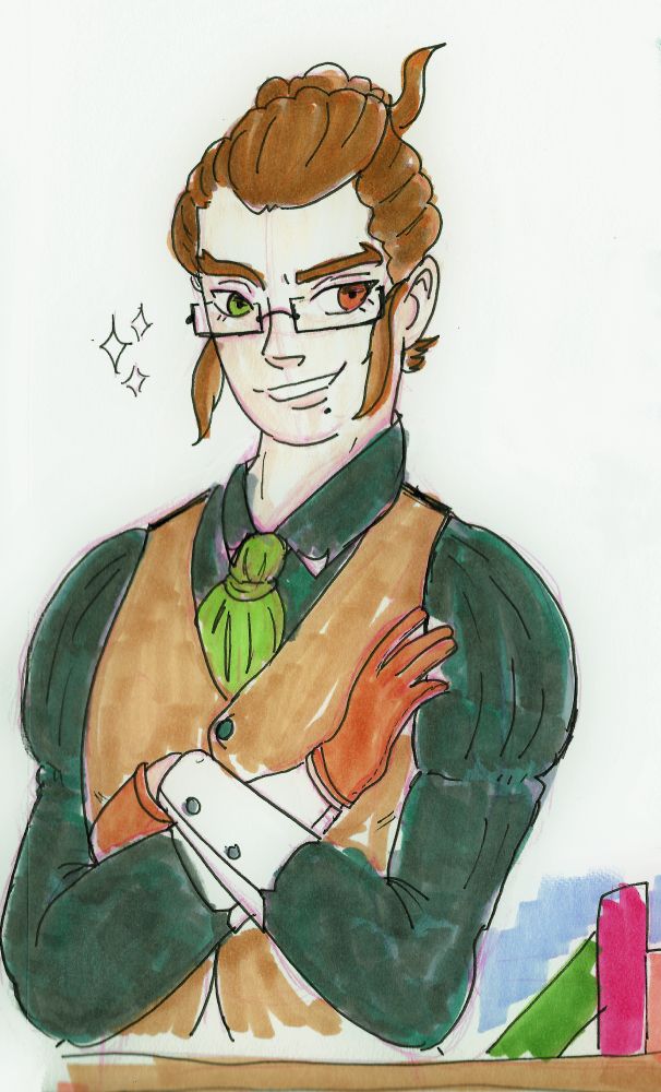 Oliver, a transman with brown hair pulled back into a bun with a hair loose from his bun, is standing with his arms crossed. He is wearing a dark green colored collared shirt with a lighter green scarf tied like a tie around his neck. The shirt has white cuffs with black buttons. He's also wearing brown leather gloves. Oliver is smiling smugly for the camera.