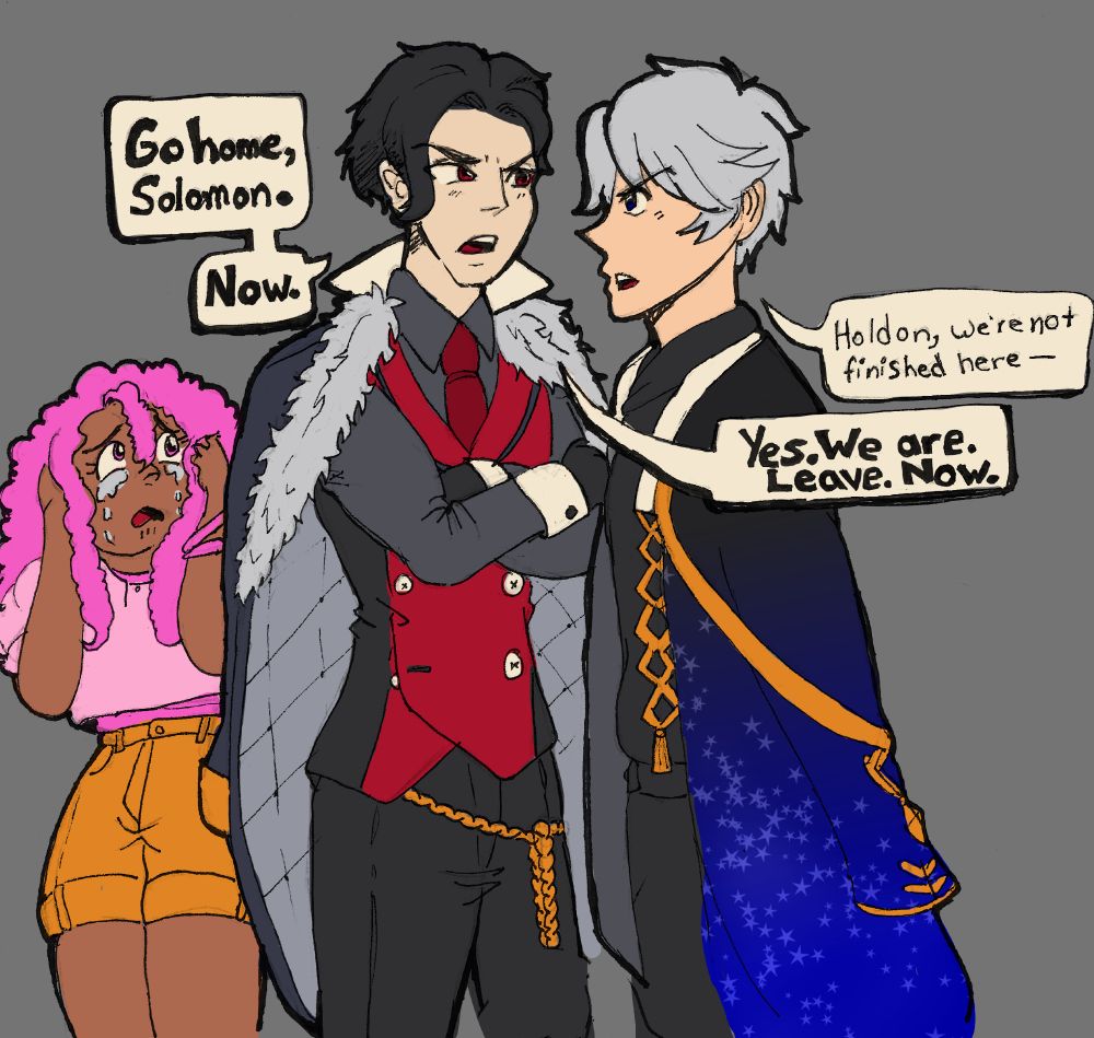 An illustration I made earlier this year that features Shall We Date's Obey Me's Lucifer and Solomon arguing while my character Miri is behind Lucifer, crying at the two of them arguing. The original illustration was done traditionally with black micron pens and was then taken into FireAlpaca to do the coloring, which is mostly flat save for Solomon's overcoat, which has a blue and black gradient with stars sparkles throughout the blue section. Lucifer is in his regular casual clothes of a grey button down shirt, red tie, red and black waistcoat, gold rope belt, black slacks, and dark grey overcoat with a fur collar. Miri, a dark skinned woman with long, pink curly hair, is wearing a light pink shirt with puffed short sleeves and orange shorts. 